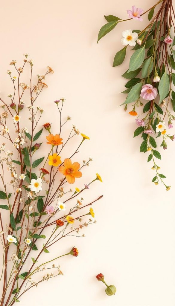 Springtime floral poster with warm, natural colors and a minimalist design. Soft, diffused lighting illuminates a lush array of botanicals - delicate wildflowers, leafy branches, and vibrant blooms. Earthy tones and textures create an inviting, handmade aesthetic. The composition has a balanced, harmonious layout with a clean, uncluttered layout. Subtle hints of a rustic, DIY-inspired "KlickKiste" style, evoking a cozy, Pinterest-worthy vibe. The overall mood is fresh, airy, and serene.