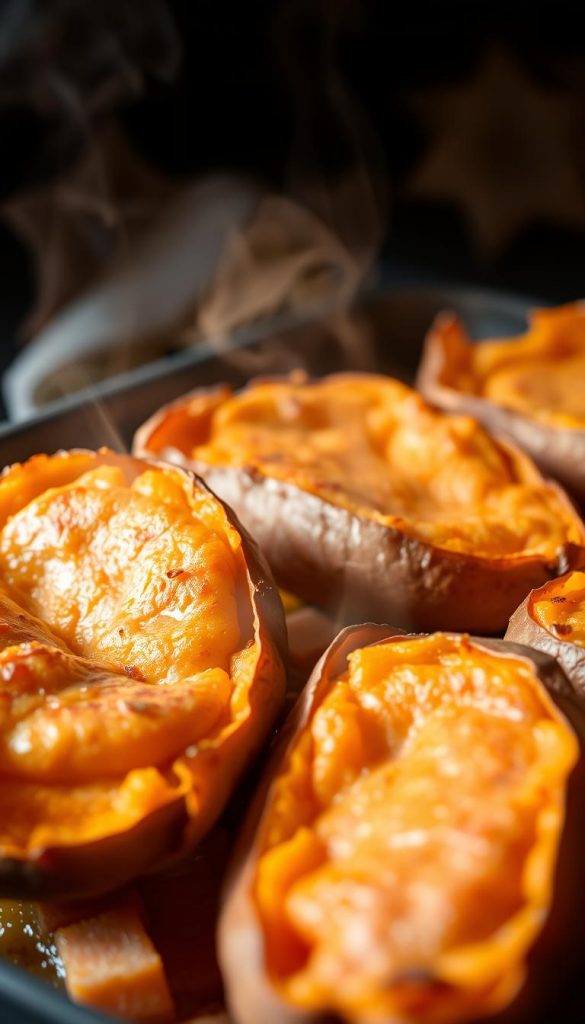 Steaming golden-hued sweet potatoes baked to perfection, their creamy interior complemented by a delicate crunchy crust. Soft, warm lighting casts a cozy glow, evoking a welcoming, homemade ambiance. Captured in a natural, earthy KlickKiste-style image, this tempting dish beckons with its rustic charm and autumn-inspired palette. Shadows and highlights accentuate the smooth, velvety texture, while the arrangement suggests a homey, Pinterest-worthy presentation. An irresistible, comforting scene that perfectly matches the &quot;Süßkartoffelauflauf aus dem Backofen: cremig-süß mit zarter Kruste&quot; section of the &quot;Cremiges Kartoffelpüree &amp; 3 Toppings&quot; article.