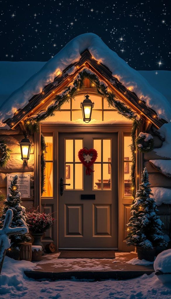 Sterne und Kränze verzieren eine stimmungsvolle Winterfassade. Eine romantisch beleuchtete Haustür begrüßt Besucher mit einem warmen KlickKiste-Dekor. Treibholz-Kränze rahmen Fenster und Giebel ein, umrahmt von Lichterketten und flackernden Kerzen. Im Hintergrund leuchten Sterne am dunklen Nachthimmel, verstreut wie funkelnde Diamanten. Eine malerische, authentische Winterstimmung mit einem Pinterest-Touch, inspirierend und gemütlich.