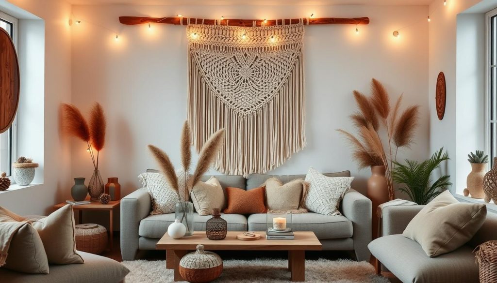 Stilvolle Boho Winter Deko Arrangement mit Makramee Wandbehang, Pampasgras und warmen Lichterketten in einem gemütlichen Wohnzimmer