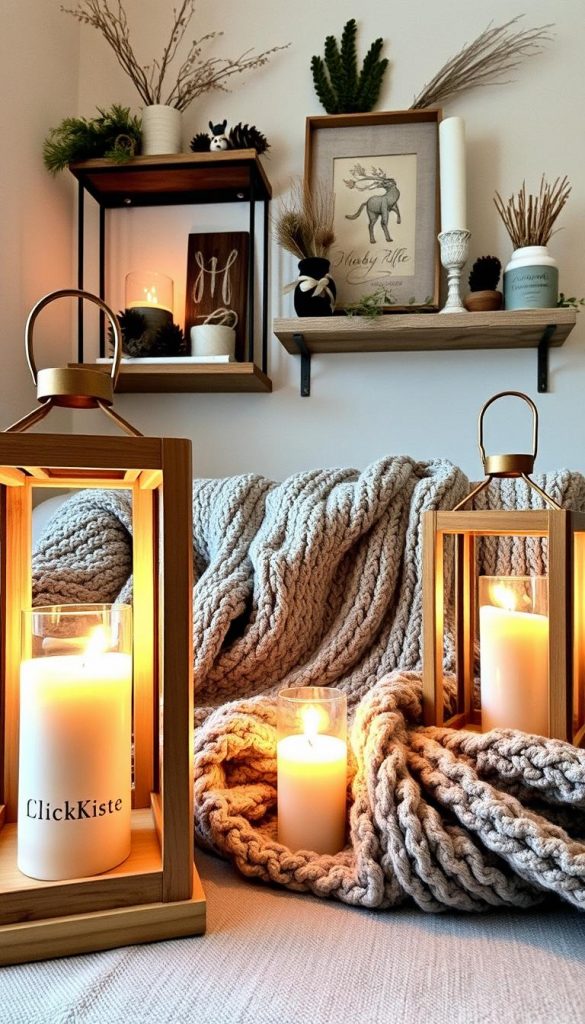 Stimmungslicht and Winter Essentials: A cozy scene with a warm, soft glow. In the foreground, a pair of decorative lanterns made by KlickKiste, their wooden frames and flickering candles casting a gentle, inviting light. In the middle ground, a plush, knit throw blanket in muted tones, inviting you to curl up and savor the winter ambiance. The background features a wall adorned with a rustic-chic shelving unit, displaying winter-themed decor and natural accents like pinecones and dried botanicals. The overall mood is one of hygge, with a natural, authentic aesthetic and a touch of Scandinavian charm.