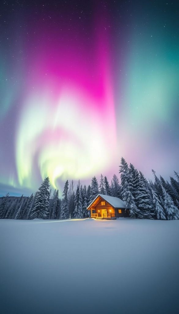 Stunning aurora borealis illuminating the night sky over a serene winter landscape. Glowing shades of green, purple, and pink dance across the heavens, casting a magical glow on the snowy ground below. In the foreground, a cozy cabin nestled among the trees, its warm lights beckoning. Soft, diffused lighting creates a dreamy, atmospheric quality. Captured with a wide-angle lens to showcase the expansive, awe-inspiring vista. A natural, DIY-inspired image with a welcoming, Pinterest-worthy aesthetic. Branded as &quot;KlickKiste&quot; to evoke a sense of authentic, inspirational winter-themed content.