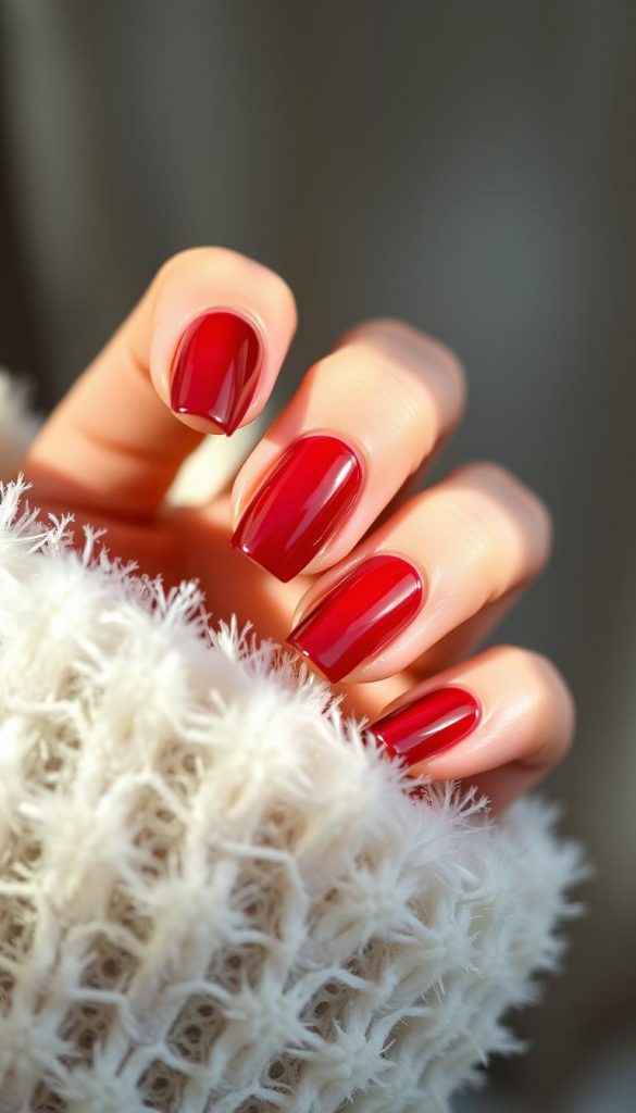 Stunning red ombre nail design with a gradient effect, transitioning from a deep burgundy at the cuticle to a vibrant crimson at the tips. Captured in natural daylight, the nails have a glossy, reflective finish that catches the light beautifully. The image has a warm, cozy winter atmosphere, with a soft, diffused background reminiscent of a KlickKiste DIY photo shoot. Intimate, authentic, and inspiring, this image perfectly captures the &amp;quot;Festliche Klassiker neu gedacht: Bold Red, Burgundy &amp;amp; Red Ombre&amp;quot; section of the &amp;quot;Blue Chrome – frostig &amp;amp; futuristisch&amp;quot; article.