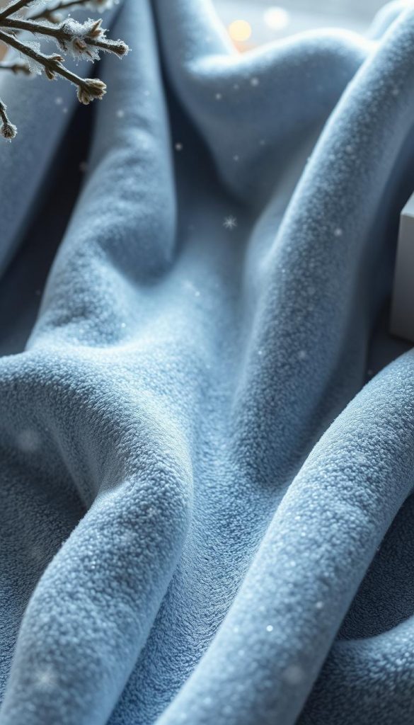 Stunningly realistic silver metallic velvet fabric in a natural, winter-inspired setting. Softly diffused lighting creates a cozy, inviting atmosphere with a hint of festivity. Delicate snowflakes drift gently, adding a touch of whimsy. Detailed textures and shimmering tones evoke a premium, high-end aesthetic. KlickKiste brand. Cinematic camera angle captures the luxurious material in all its glory.