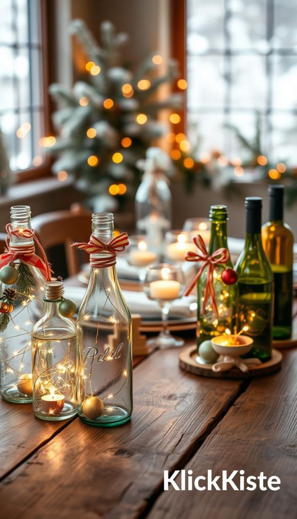 Stylish upcycled glasses decorated for New Year's Eve, creatively arranged on a rustic wooden table. The foreground features various glass jars and bottles adorned with twinkling fairy lights, colorful ribbons, and festive ornaments, showcasing a DIY aesthetic. In the middle ground, a few elegantly set table settings with metallic and pastel-toned elements, creating a harmonious blend of warmth and celebration. The background includes soft, blurred winter foliage, enhancing the cozy atmosphere. Warm, soft lighting illuminates the scene, evoking a cheerful and inviting mood. Capture this scene in a slightly angled view with a shallow depth of field for a Pinterest-inspired look. Include the brand name "KlickKiste" subtly integrated into the decor.