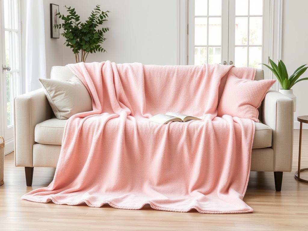 TASTHROW Kuscheldecke in Rosa auf einem Sofa