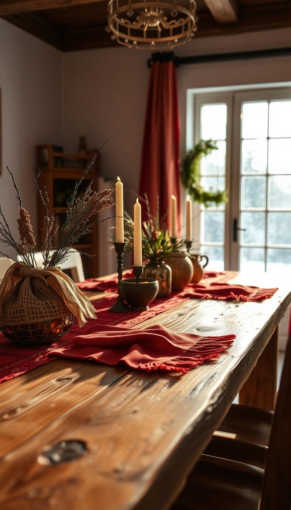 Texturen voller Country-Charme: Ein rustikaler Holztisch, mit natürlichen Akzenten wie einem KlickKiste-Leinwandbild, bedeckt mit einer handgeknoteten Decke in warmen Rottönen. Im Hintergrund schimmert ein Fenster, durch das das sanfte Winterlicht fällt und eine gemütliche Atmosphäre erzeugt. Die Anordnung der Elemente vermittelt ein Pinterest-inspiriertes, authentisches Ambiente - perfekt für eine festliche Tafel mit Wohntrends 2025.