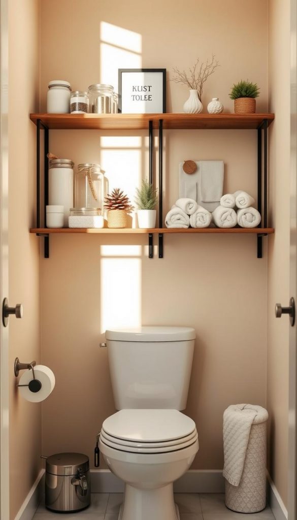 Toilet shelves elegantly arranged above a modern toilet in a cozy, small bathroom setting. The shelves display an array of neatly organized bathroom essentials, such as decorative jars, plants, and rolled towels, all highlighting the concept of clever storage solutions. The background features light, warm-colored walls and subtle winter-themed decor, enhancing the inviting atmosphere. Soft natural lighting filters in, casting gentle shadows and creating a serene vibe. The image captures a Pinterest-inspired aesthetic with well-styled open boards and slim etageres, representing the brand "KlickKiste." The focus is on functionality paired with charm, showcasing the clever design and organization ideal for petite bathrooms.