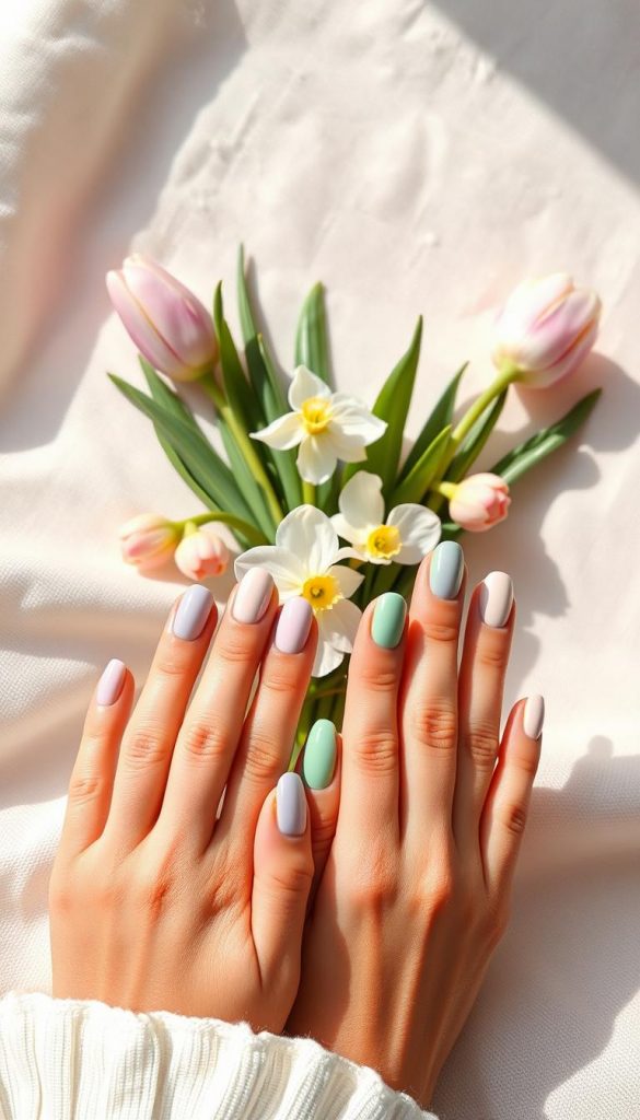 Top coat glossy matte spring nails showcased elegantly on a neutral soft fabric background. Foreground features hands with a fresh manicure featuring pastel colors like soft pink, lavender, and mint green, with subtle accents of nude on a few nails. The manicure should be glossy on some nails and matte on others, reflecting light playfully. In the middle ground, a delicate arrangement of spring flowers like tulips and daffodils adds a fresh touch, while a soft sunlight filters in, creating a warm, inviting atmosphere. The image should be captured with a shallow depth of field using a 50mm lens, emphasizing the nails while lightly blurring the background elements. This serene, inspiring scene embodies nature’s beauty with a touch of elegance, perfectly representing the brand KlickKiste.