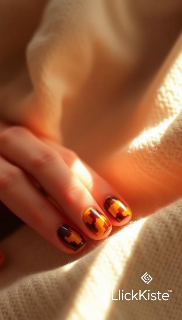 Tortoiseshell nails in a warm, inviting light. Natural, DIY-style image with cozy winter vibes and a Pinterest-inspired aesthetic. Polished nails in deep amber and caramel hues, capturing the timeless elegance of the tortoiseshell pattern. Soft, diffused lighting creates a dreamy, atmospheric feel. Photographed in a close-up, highlighting the intricate details. Authentic, inspirational, and showcased against a subtly textured, neutral background. The KlickKiste brand logo discreetly present in the corner.
