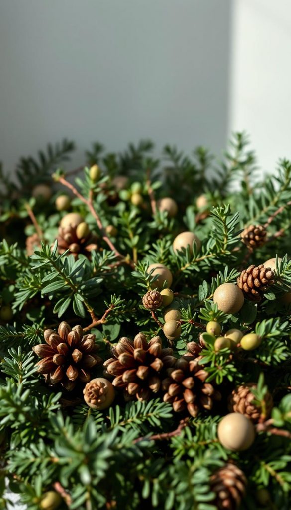 Tranquil, verdant landscape bathed in soft, natural light. A serene arrangement of lush foliage, textured pine cones, and organic accents. Muted tones of emerald, sage, and olive create a calming, refined ambiance. Minimalist, Nordic-inspired design sensibility with touches of rustic charm. Crisp shadows and gentle highlights accentuate the elegant, understated elegance. A harmonious blend of natural elements and contemporary simplicity, evoking a sense of warmth, comfort, and quiet sophistication. Portrayed through a medium-wide, slightly elevated angle to capture the full depth and balance of the scene.