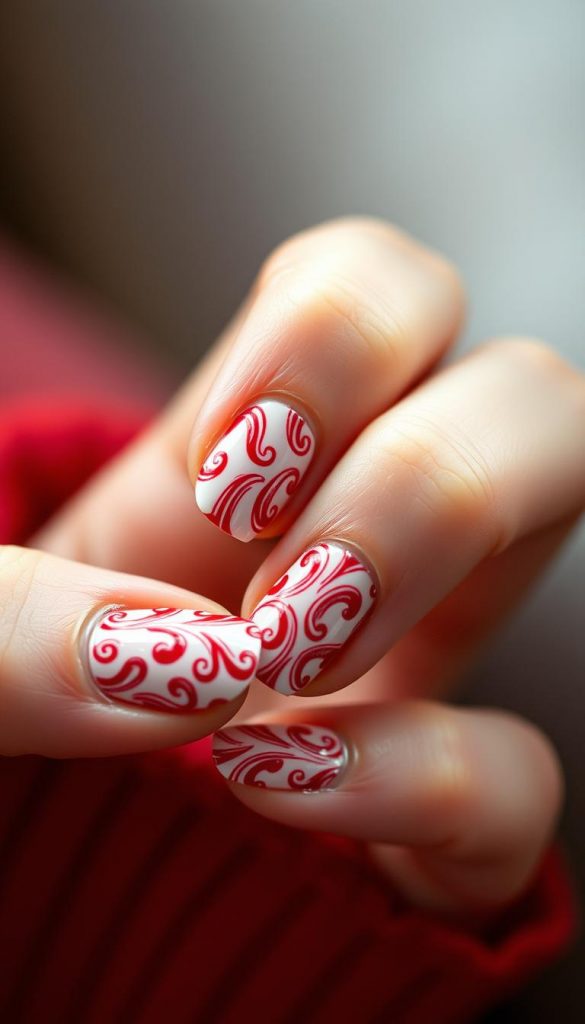 Trending nail art design, subtle yet impactful. Intricate patterns in a muted palette of red and white, evoking a modern candy cane aesthetic. Soft, diffused lighting creates a cozy, winter-inspired atmosphere. Captured in a close-up, high-resolution shot, showcasing the delicate textures and precise brushwork. Inspired by the latest Pinterest-worthy DIY tutorials, this image reflects the authentic, KlickKiste style - natural, warm, and visually captivating.