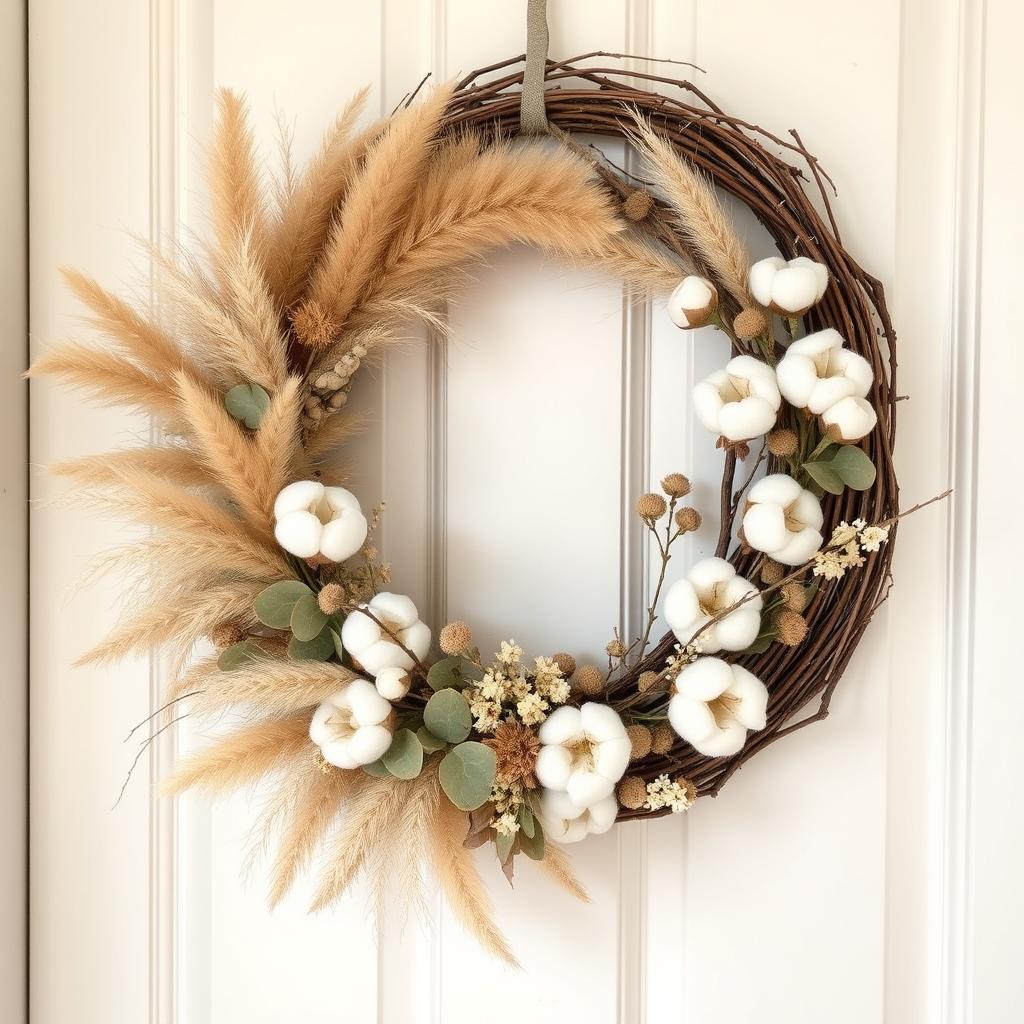 Trockenblumen-Kranz 'Winter Boho' mit natürlichen Materialien wie Pampasgras, Eukalyptus und getrockneten Blumen in Beige- und Cremetönen