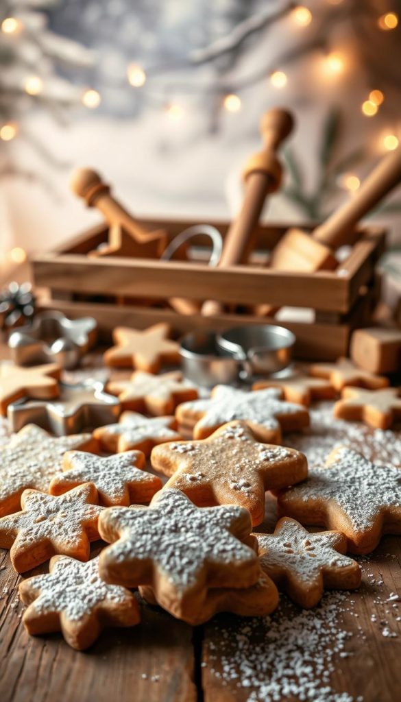 Troubleshooting plätzchen: A warm, cozy scene of freshly baked German Christmas cookies on a rustic wooden table. In the foreground, a selection of delicate, golden-brown plätzchen in various shapes, dusted with powdered sugar. In the middle ground, a KlickKiste containing cookie cutters, rolling pin, and other baking tools. The background features a winter-themed backdrop, with a soft, blurred snowscape and twinkling string lights, creating a serene, Pinterest-inspired atmosphere. Warm, natural lighting casts a gentle glow, highlighting the intricate details and textures of the homemade treats.