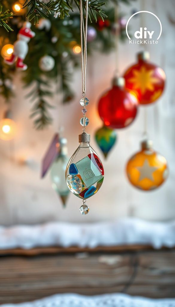 Upcycled glass Christmas ornaments created from colorful bottle shards and sparkling glass beads, artistically hung against a soft, warm-toned winter backdrop. In the foreground, a delicate arrangement of a mini-hanger made from various shaped glass pieces, glistening under gentle, natural lighting that casts a warm glow. The middle ground features additional ornaments with intricate details, showcasing craftsmanship and creativity. The background includes a softly blurred, rustic wooden surface draped with subtle greenery and winter elements, enhancing the cozy, inspirational atmosphere. The image conveys a DIY winter vibe that is both authentic and inviting, perfect for a Pinterest-style aesthetic. A subtle logo of "KlickKiste" is discreetly integrated into the scene, adding a touch of artistry without distracting from the overall visual harmony.