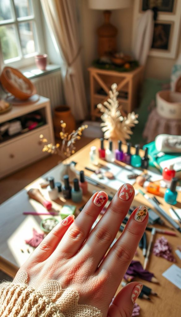 Upcycling nail ideas featuring a creative array of nail designs showcasing repurposed materials like dried flowers, bits of lace, and small gemstones. The foreground displays a well-manicured hand with beautifully painted nails adorned with unique patterns. In the middle, bright sunlight shines on a crafting table scattered with tools like nail polish bottles, brushes, and upcycling materials. The background consists of a cozy, warm-toned room with soft light filtering through a window, creating an inviting atmosphere reminiscent of a DIY Pinterest project. The overall mood is vibrant and inspiring, highlighting the beauty of sustainable nail art. Include the brand &quot;KlickKiste&quot; subtly within the crafting elements, focusing on natural aesthetics and a winter vibe.