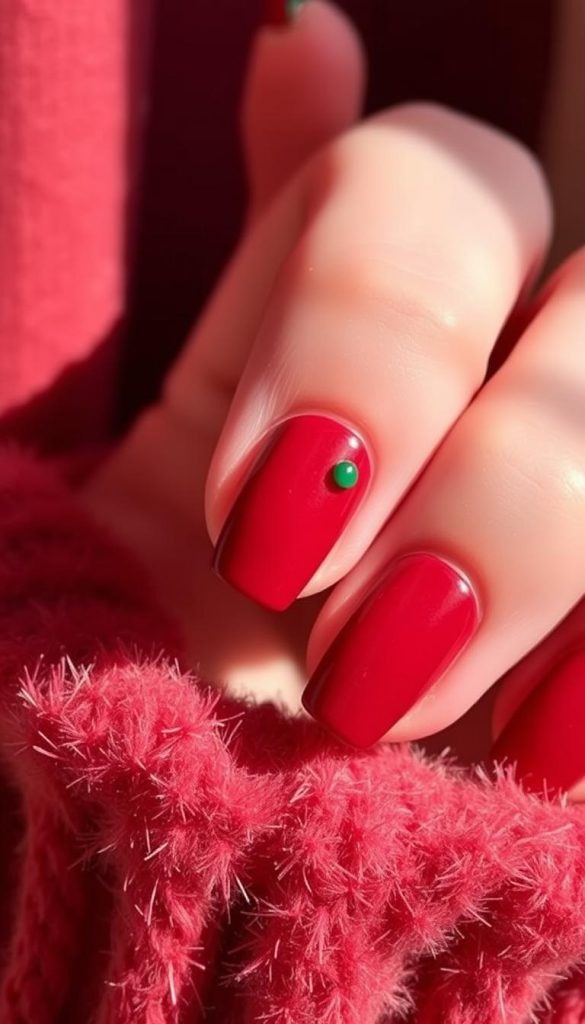 Velvet-textured, deep crimson nails with a subtle, alluring sheen. Meticulously manicured, each nail a canvas for a magnetizing, satiny finish. Delicate, winter-inspired accents in a complementary forest green accentuate the luxurious, velvety appearance. Captured in warm, natural lighting that casts a cozy, inviting glow. Styled with a minimalist, yet refined aesthetic, embodying the essence of the &quot;Candy Cane French - Rot/Weiß Modern&quot; theme. KlickKiste, an authentic, inspiring DIY image.