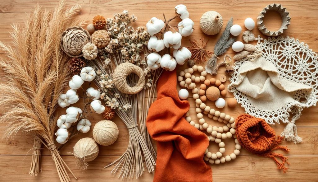 Verschiedene Boho Winter Deko Materialien und Elemente auf einem Tisch ausgebreitet, darunter natürliche Materialien, Textilien und Dekorationselemente