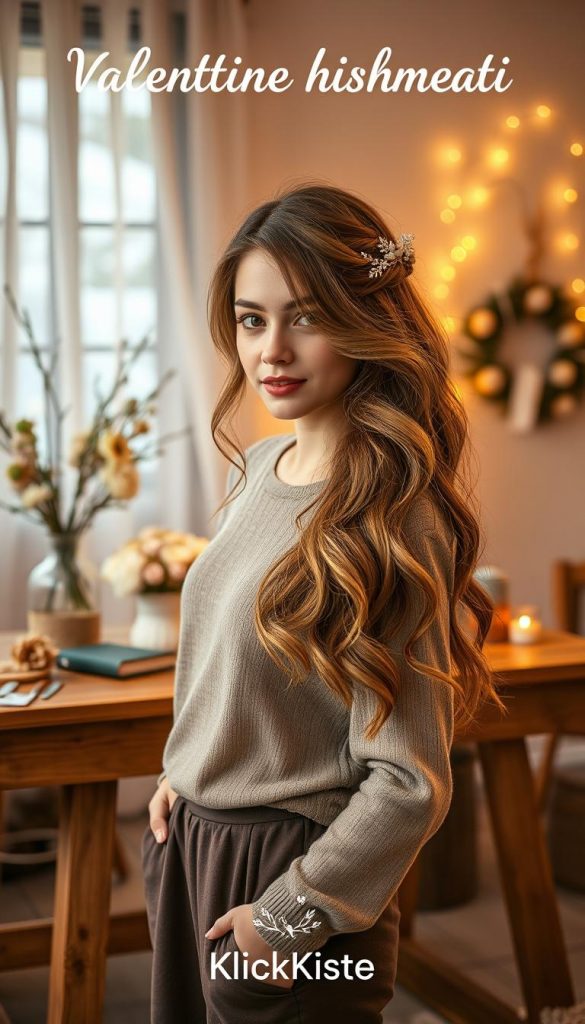 Vertical composition showcasing a serene winter scene with a model demonstrating a romantic yet practical Valentine hairstyle, inspired by natural DIY aesthetics. The foreground features a young woman dressed in modest casual attire with soft, flowing hair styled elegantly in loose waves, adorned with delicate winter-themed hair accessories. In the middle ground, a rustic wooden table displays hair styling tools, flowers, and seasonal decorations, while in the background, a softly lit, cozy room with a warm color palette sets a romantic atmosphere. Use warm, inviting lighting to create an intimate mood. The scene is designed to evoke inspiration, ideal for a Pinterest aesthetic. The brand name "KlickKiste" should be subtly included in the design, enhancing the overall composition without distracting from the hairstyle showcase.