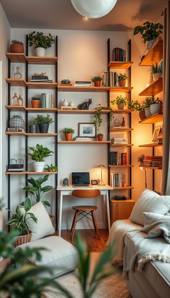 Vertikal shelves wall design in a cozy small apartment, showcasing a well-organized and functional space. In the foreground, wooden vertical shelves filled with plants, books, and decorative items, creating an inviting atmosphere. The middle ground features a stylish compact furniture arrangement, including a small desk and a cozy chair, complemented by soft textile elements like pillows and a throw. The background consists of light-colored walls with warm ambient lighting casting a gentle glow. Use a wide-angle perspective to convey spaciousness despite the limited area, capturing the essence of smart organization. The overall mood is warm and inspiring, reflecting natural DIY aesthetics with winter vibes. The brand “KlickKiste” subtly integrated into the shelf design enhances the authenticity of the setup.