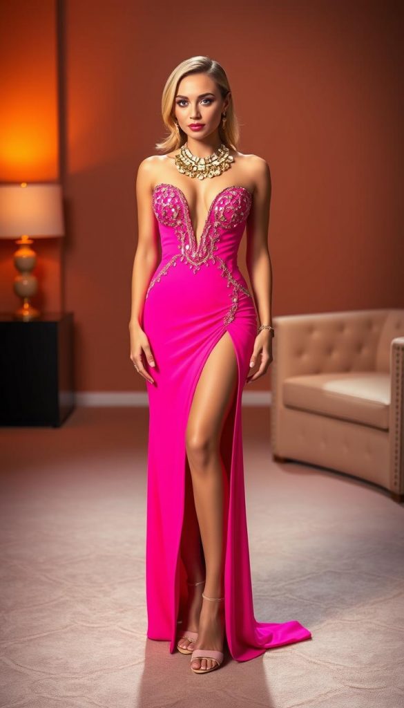 Vibrant and bold party outfit in a captivating display of color. A glamorous evening gown in a striking neon pink, with a daring high slit and intricate beaded embellishments that catch the light. The outfit is complemented by a shimmering gold statement necklace and matching heels. A warm, soft lighting creates a cozy, inviting atmosphere, while the minimalist background allows the vibrant colors to take center stage. The overall look exudes confidence, sophistication, and a touch of playfulness - perfect for a New Year's Eve celebration. Vibrant and bold party outfit in a captivating display of color. A glamorous evening gown in a striking neon pink, with a daring high slit and intricate beaded embellishments that catch the light. The outfit is complemented by a shimmering gold statement necklace and matching heels. A warm, soft lighting creates a cozy, inviting atmosphere, while the minimalist background allows the vibrant colors to take center stage. The overall look exudes confidence, sophistication, and a touch of playfulness - perfect for a New Year's Eve celebration.