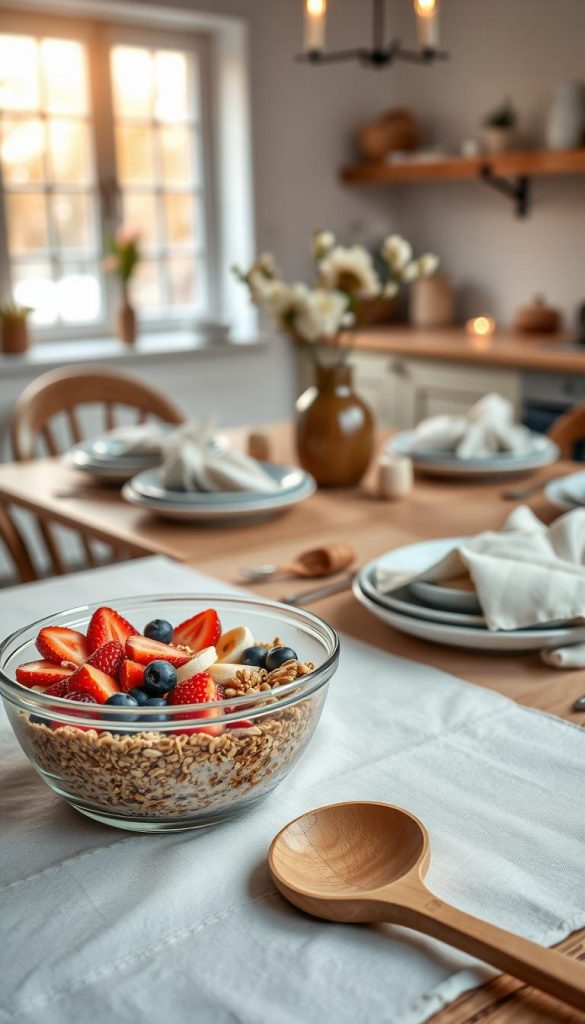 Vibrant and inviting "vortag müsli" laid out beautifully in an artisanal glass bowl, topped with fresh fruits like strawberries, blueberries, and bananas, sprinkled with nuts and seeds. In the foreground, a wooden serving spoon rests beside the bowl. The middle ground features a rustic wooden table set for a cozy brunch, adorned with elegant ceramic plates, fresh flowers in a vase, and soft linen napkins. In the background, a softly lit kitchen with warm, natural light filtering through a window, enhancing a winter vibe with cozy decor. The scene exudes a calm and inspiring atmosphere, perfect for a DIY brunch setup. Include subtle branding for "KlickKiste" on the table. The composition should be captured with a shallow depth of field to focus on the müsli, enhancing the warm colors and inviting details.