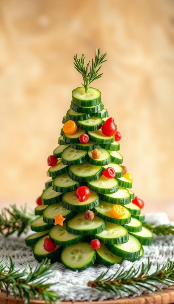 Vibrant green cucumber slices artfully arranged into a whimsical Christmas tree, adorned with colorful vegetable shapes and garnished with sprigs of rosemary, against a backdrop of warm, natural textures. Soft, diffused lighting casts a cozy, winter ambiance, enhancing the rustic, homemade aesthetic. Crisp, clean composition with a focus on the main subject, inviting the viewer to imagine the delightful process of crafting this festive, veggie-based centerpiece. The overall mood is inviting, inspiring, and captures the essence of a simple, DIY holiday project.