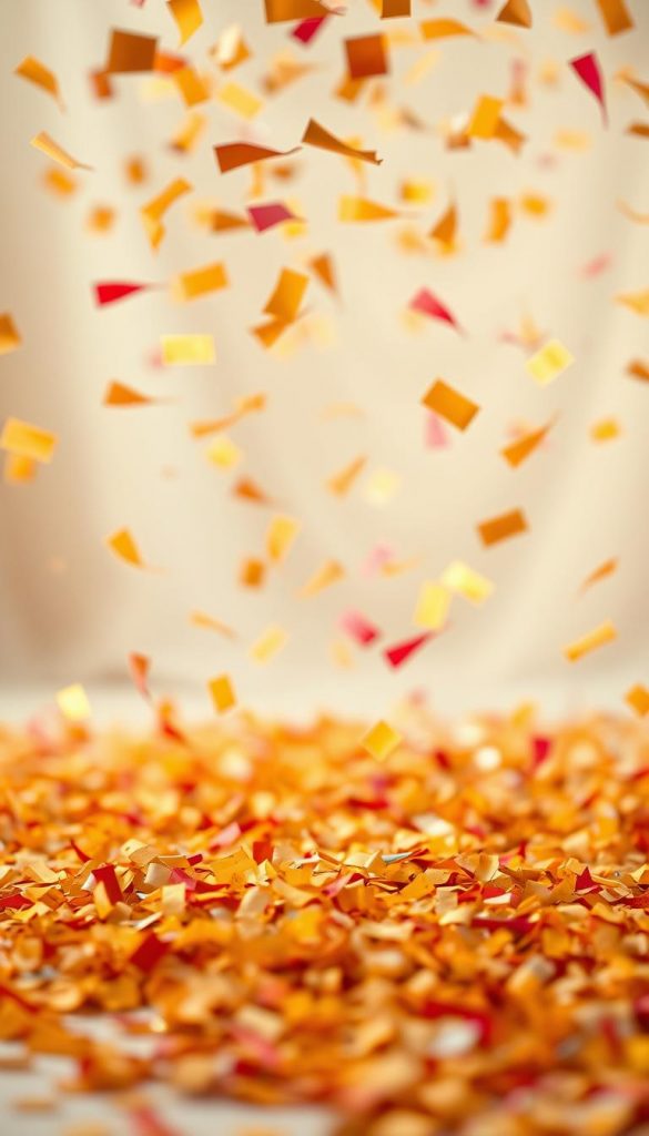 Vibrant konfetti cascading through the air, shimmering in warm golden hues. Delicate paper shapes dance on a backdrop of soft, diffused lighting, creating a cozy, inviting atmosphere. The foreground features a mix of iridescent, metallic, and matte confetti pieces, capturing the festive spirit of the winter season. In the middle ground, the konfetti gently settles, creating a textured, artful arrangement. The background is hazy and blurred, allowing the colorful konfetti to take center stage. This natural, handcrafted scene evokes a sense of wonder and celebration, perfect for a sustainable and safe holiday gathering. Vibrant konfetti cascading through the air, shimmering in warm golden hues. Delicate paper shapes dance on a backdrop of soft, diffused lighting, creating a cozy, inviting atmosphere. The foreground features a mix of iridescent, metallic, and matte confetti pieces, capturing the festive spirit of the winter season. In the middle ground, the konfetti gently settles, creating a textured, artful arrangement. The background is hazy and blurred, allowing the colorful konfetti to take center stage. This natural, handcrafted scene evokes a sense of wonder and celebration, perfect for a sustainable and safe holiday gathering.