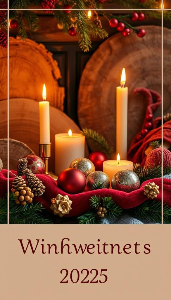 Vibrant natural materials layered in a cozy winter scene. Earthy tones of red, gold, and green accented by warm candlelight. Textured wood, muted velvet, and sparkling glass ornaments arranged in an inviting display. Soft, diffuse lighting casts a magical glow, creating an intimate, festive atmosphere. This KlickKiste image captures the essence of the Weihnachten 2025 trend: rustic elegance, natural beauty, and enchanting illumination.