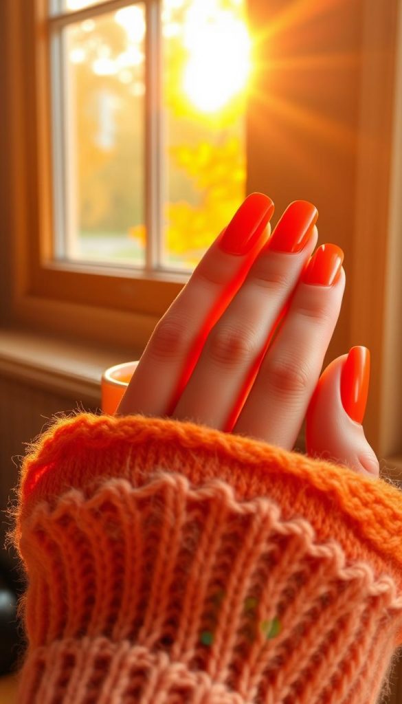 Vibrant orange nails, freshly polished, catching the warm glow of autumn sunlight filtering through a window. The nails are long and elegant, the color a rich, inviting hue reminiscent of a ripe pumpkin or the fiery leaves of a maple tree. The hands are positioned gracefully, perhaps holding a mug of hot apple cider or tracing the lines of a cozy knitted scarf. The overall mood is cozy, comforting, and festive, perfect for ushering in the Thanksgiving season with a touch of natural, DIY-inspired beauty.
