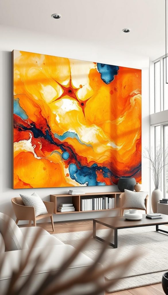 Vibrant oversized wall art idea featuring a large abstract canvas depicting warm, inviting winter hues in an artistic, DIY style. The foreground showcases the striking artwork, with swirling patterns of amber, deep blues, and soft whites that evoke a cozy winter ambiance. In the middle ground, a modern, minimalist living space is filled with natural light from a large window, highlighting the artwork's beauty. The background features a tastefully arranged bookshelf with simple decor. The composition is framed from a slightly low angle, capturing the full height of the art piece. The overall atmosphere is inspiring and authentic, perfect for a Pinterest aesthetic. Created by KlickKiste.