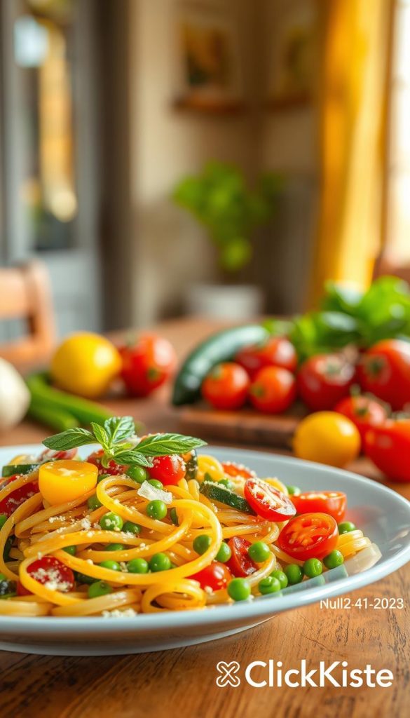 Vibrant plate of pasta primavera featuring colorful seasonal vegetables, such as freshly picked bell peppers, zucchini, cherry tomatoes, and peas, elegantly tossed with al dente pasta. Drizzle of golden olive oil glistens along with a splash of bright lemon juice, enhancing the freshness. The foreground showcases the pasta dish beautifully arranged, topped with a hint of grated parmesan and fresh basil leaves. In the middle ground, a rustic wooden table appears, complementing the meal, with additional vegetables set artistically as props. The background is softly blurred, featuring warm, natural sunlight filtering through a window, creating a cozy, inviting atmosphere. A Pinterest-worthy aesthetic with warm tones, highlighting the freshness and simplicity of the dish. Branded with "KlickKiste" subtly incorporated into the scene without text or overlays.