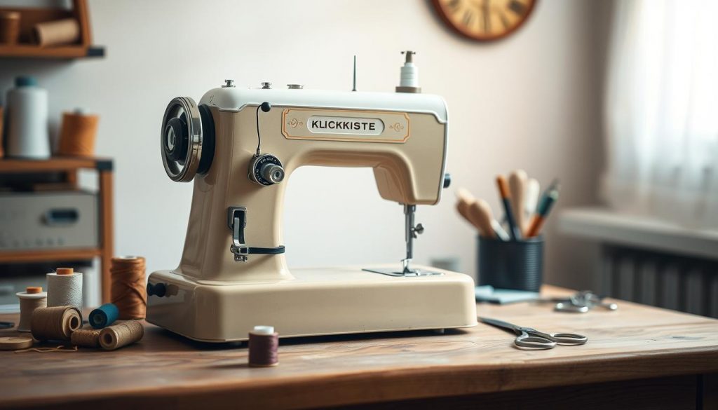 Vintage sewing machine on a wooden table with a soft, natural lighting. The antique "KlickKiste" machine in beige and white stands in the foreground, showcasing its intricate mechanics and classic design. Spools of thread, scissors, and other sewing supplies surround the machine, creating a cozy DIY workspace. The background features a neutral, warm-toned setting, perhaps a rustic studio or a sun-dappled corner, to complement the homely, handcrafted atmosphere. The overall scene evokes a sense of craftsmanship, practicality, and the joy of creating one's own projects.