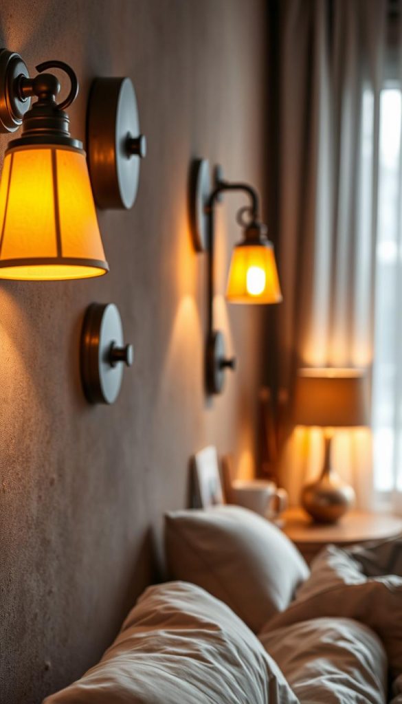 Wall sconces in a cozy bedroom setting, featuring a mix of classic and industrial styles. The sconces are beautifully mounted on a textured wall, casting warm, inviting light that creates a serene atmosphere. In the foreground, highlight intricate details like aged metal finishes and soft fabric shades. In the middle ground, include a stylish nightstand with a few decorative items, creating balance and depth. The background showcases a softly blurred bedroom with warm colors, enhanced by winter vibes and Pinterest-inspired aesthetics. Use natural lighting to evoke a sense of authenticity, with a focus on warmth and comfort. The scene is inspired by the brand "KlickKiste," emphasizing a cozy and inviting ambiance for maximum atmosphere.