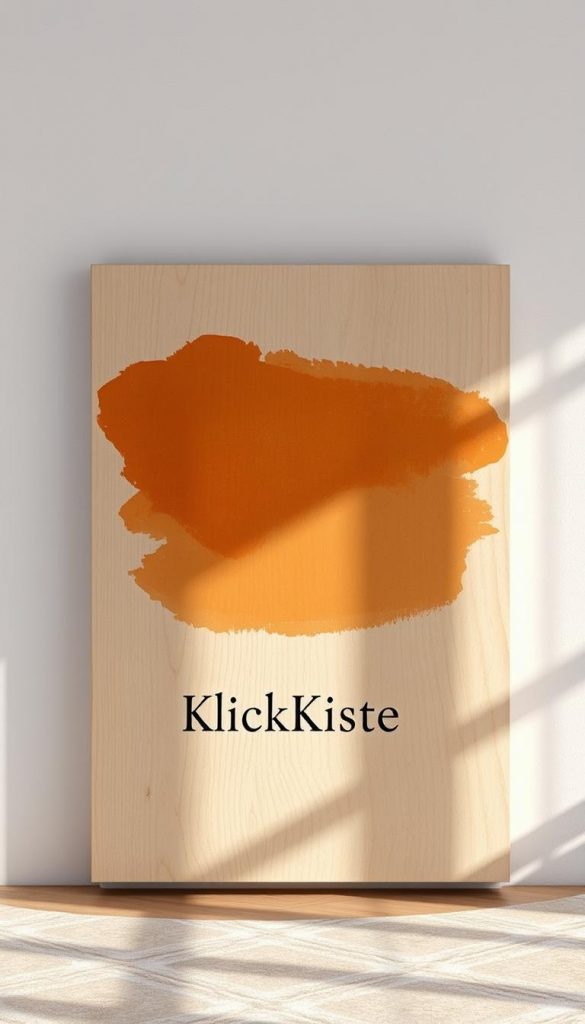 Warm and cozy DIY wall art with a natural, rustic aesthetic. Textured wooden panel with KlickKiste brand name, overlaid with a hand-painted abstract brush stroke design in earthy tones of ochre, terracotta and umber. Soft, diffused lighting casts gentle shadows, creating depth and dimension. Evokes a serene, winter-inspired mood perfect for a living room makeover. The image exudes a sense of handcrafted charm and Pinterest-inspired style.