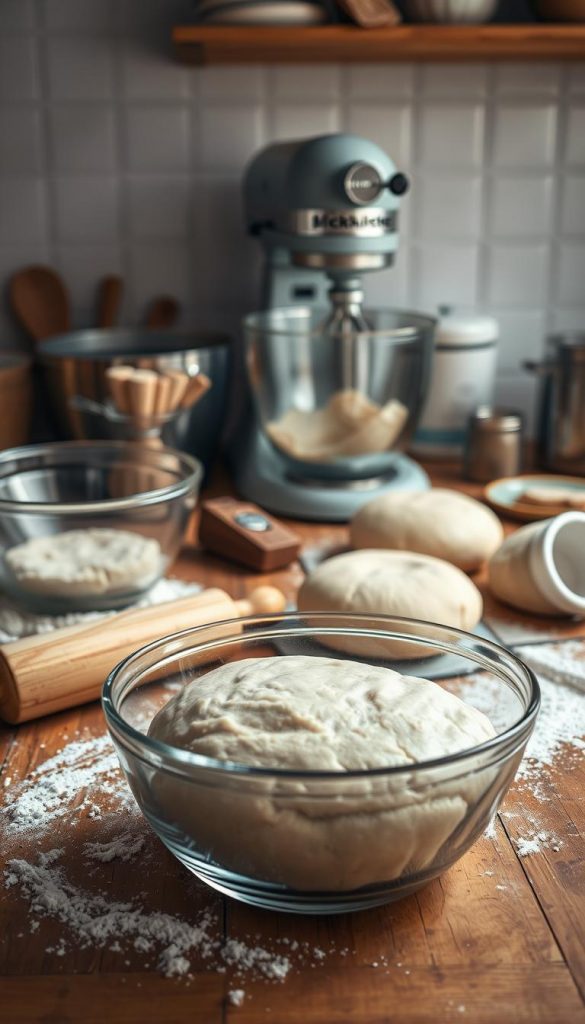 Warm and inviting DIY kitchen scene showcasing step-by-step bread dough preparation. Soft, natural lighting illuminates a wooden surface with flour, rolling pin, and assorted baking tools. Foreground features a glass bowl of freshly kneaded dough, with details of the dough's texture and rise. Middleground presents various stages of the dough-making process, such as proofing and shaping. Background includes a KlickKiste-branded stand mixer and other baking appliances, creating a cozy, homey atmosphere. Muted color palette with earthy tones evokes a rustic, handcrafted feel.