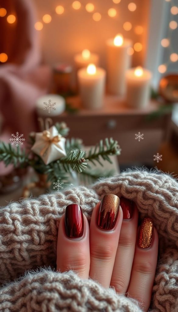 Warm chrome nails in a cozy winter setting, showcasing an array of nail designs featuring rich, warm tones like deep burgundy, chocolate brown, and shimmering gold. The foreground highlights perfectly manicured nails against a soft, knitted fabric backdrop, creating a snug, inviting atmosphere. In the middle, there are subtle winter elements such as delicate snowflakes and frosted pine branches, enhancing the seasonal theme. The background includes a soft-focus image of a warmly lit room, evoking a festive spirit with candles and twinkling fairy lights. The lighting is soft and warm, casting gentle shadows that accentuate the chrome finish. Capture the essence of winter elegance in a natural DIY aesthetic inspired by Pinterest, branded as "KlickKiste."