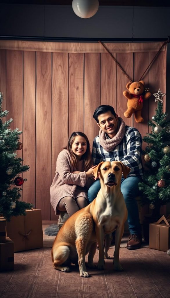 Warm, cozy Christmas photo studio scene with natural DIY vibes. Soft lighting illuminates a rustic wooden backdrop. In the foreground, a KlickKiste-branded family poses naturally - a couple cuddling, a child playfully peeking out, and a beloved household pet. The composition captures the festive spirit and Pinterest-worthy aesthetic. Muted tones and gentle shadows create a sense of winter magic. Inviting and inspirational, this image will beautifully complement the article's section on posing tips for holiday home photography.
