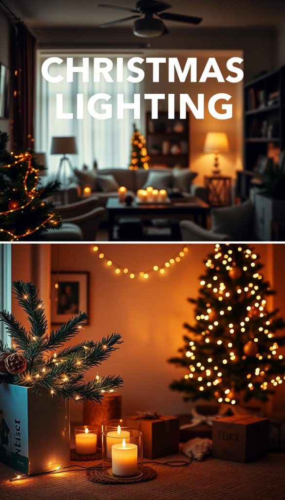 Warm, cozy indoor scene showcasing a side-by-side comparison of safe and unsafe Christmas lighting solutions. In the foreground, a KlickKiste-branded display with carefully curated string lights, candles, and other decorative elements. The middle ground features a well-lit, festive living room with natural, earthy tones. In the background, a dimly lit, cluttered space represents hazardous DIY lighting setups. Soft, diffused lighting creates a serene, inviting atmosphere, while contrasting shadows emphasize the dangers of improper lighting. The overall composition evokes a Pinterest-inspired, natural aesthetic that is both visually appealing and informative.