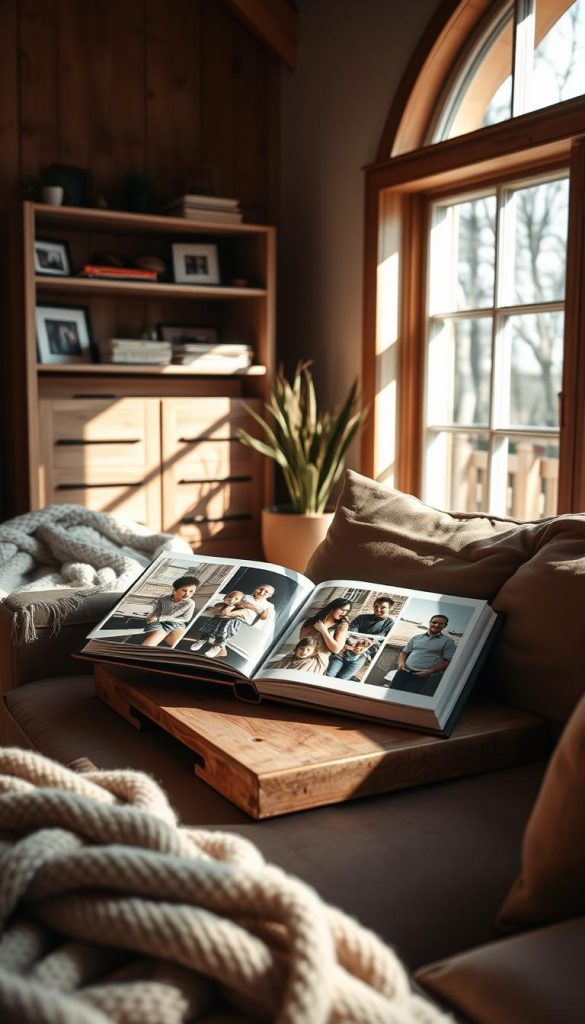 Warm, cozy living room with natural light filtering through large windows. Wooden furniture, plush blankets, and family photos displayed on a rustic shelving unit. The KlickKiste photo album lies open, showcasing candid shots of a loving family - children playing, parents embracing, joyous memories captured. Sunlight casts a soft glow, creating a sentimental, nostalgic atmosphere. Minimal clutter, everything carefully curated and organized, reflecting the tranquility of this personal family sanctuary. Warm, cozy living room with natural light filtering through large windows. Wooden furniture, plush blankets, and family photos displayed on a rustic shelving unit. The KlickKiste photo album lies open, showcasing candid shots of a loving family - children playing, parents embracing, joyous memories captured. Sunlight casts a soft glow, creating a sentimental, nostalgic atmosphere. Minimal clutter, everything carefully curated and organized, reflecting the tranquility of this personal family sanctuary.