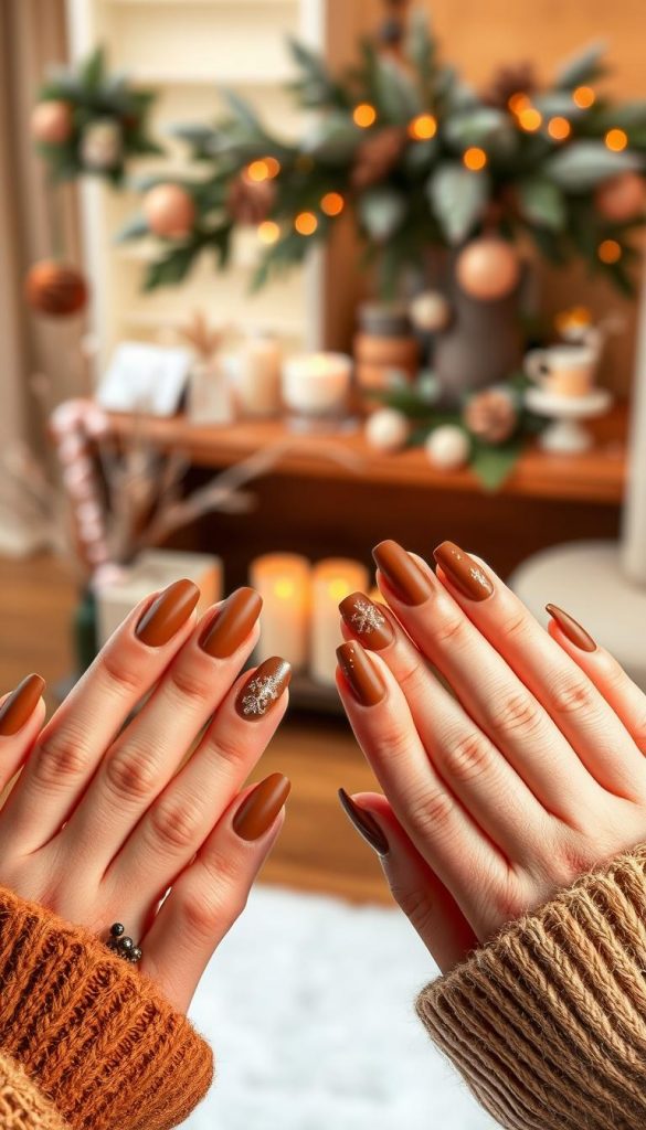 Warm, cozy winter-themed image featuring elegant brown nails in various stylish designs. The foreground showcases manicured hands adorned with rich shades of brown polish, some with matte finishes and others with glossy accents, each displaying unique winter-inspired nail art like snowflakes and shimmering effects. The middle layer includes a softly blurred background of a warm, inviting indoor setting decorated with winter foliage, creating a tranquil atmosphere. Gentle, natural lighting enhances the browns and adds a touch of warmth to the scene, suggesting a Pinterest-worthy DIY aesthetic. Capture the feeling of cozy elegance, perfect for the winter season, in an authentic, inspiring way that reflects the essence of KlickKiste.