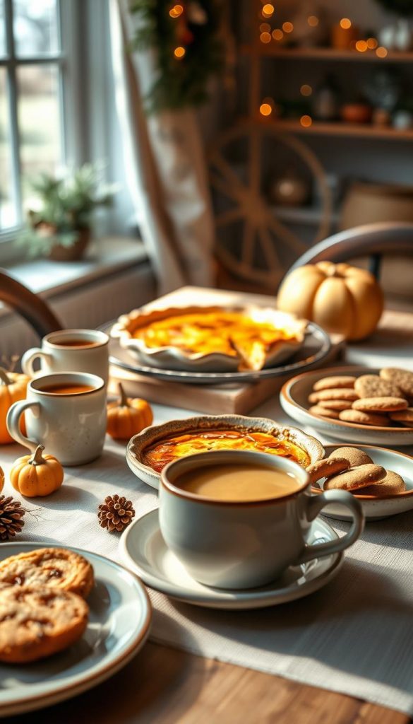 Warm, inviting autumn and winter brunch scene featuring a beautifully arranged table with a golden-brown quiche, a steaming bowl of rustic soup, and a tray of delicately baked cookies. The foreground includes a cozy table setting with handcrafted ceramic plates and mugs, adorned with seasonal decorations like small pumpkins and pinecones. In the middle, the quiche is the centerpiece surrounded by the soup and cookies, all illuminated by soft, natural light streaming through a nearby window, creating a warm glow. The background showcases a softly blurred, intimate dining area with subtle winter décor. Capture the essence of cozy vibes with warm colors, inviting textures, and a Pinterest-inspired ambiance, emphasizing the authenticity of the moment. Brand reference: KlickKiste.
