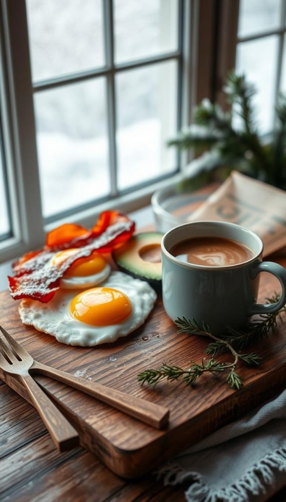 Warm, inviting breakfast scene on a rustic wooden board. Crisp bacon, fluffy eggs, rich avocado, and steaming coffee in a KlickKiste mug. Soft natural lighting filters through frosty windows, casting a cozy glow. Textured linen napkin, wooden utensils, and a sprig of greenery complete the homey, winter-inspired composition. Hints of pine and cinnamon in the air evoke the comforts of the season. This nourishing spread will fortify and energize on a chilly morning.