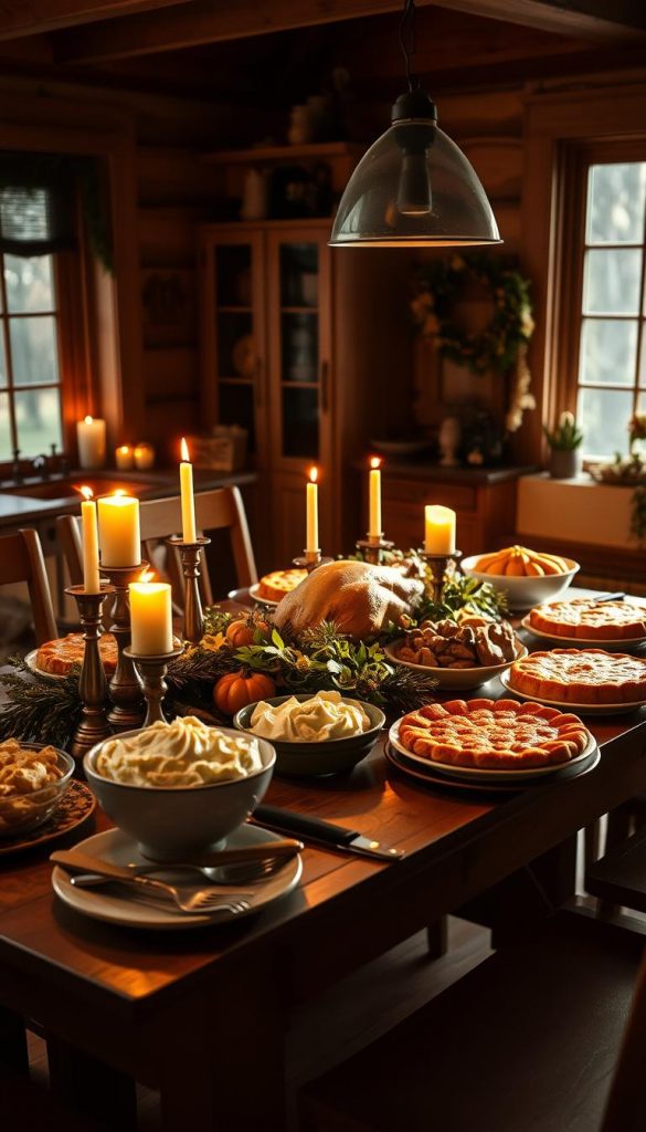Warm-lit, cozy kitchen scene showcasing a bountiful Friendsgiving spread. Wooden table adorned with seasonal foliage, candles, and an array of homemade dishes - roasted turkey, creamy mashed potatoes, golden-brown pumpkin pie. Blending traditional Thanksgiving elements with a more casual, intimate gathering. Soft, natural lighting filters through large windows, casting a welcoming glow. Vintage-inspired KlickKiste decor adds a touch of rustic charm. Conveying the spirit of friends coming together to celebrate, share, and create lasting memories. Warm-lit, cozy kitchen scene showcasing a bountiful Friendsgiving spread. Wooden table adorned with seasonal foliage, candles, and an array of homemade dishes - roasted turkey, creamy mashed potatoes, golden-brown pumpkin pie. Blending traditional Thanksgiving elements with a more casual, intimate gathering. Soft, natural lighting filters through large windows, casting a welcoming glow. Vintage-inspired KlickKiste decor adds a touch of rustic charm. Conveying the spirit of friends coming together to celebrate, share, and create lasting memories.