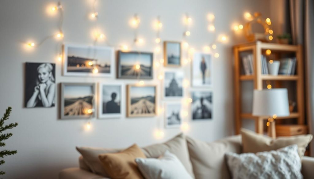 Warmweiße LED-Lichterkette dekorativ an einer Wand mit Fotos arrangiert