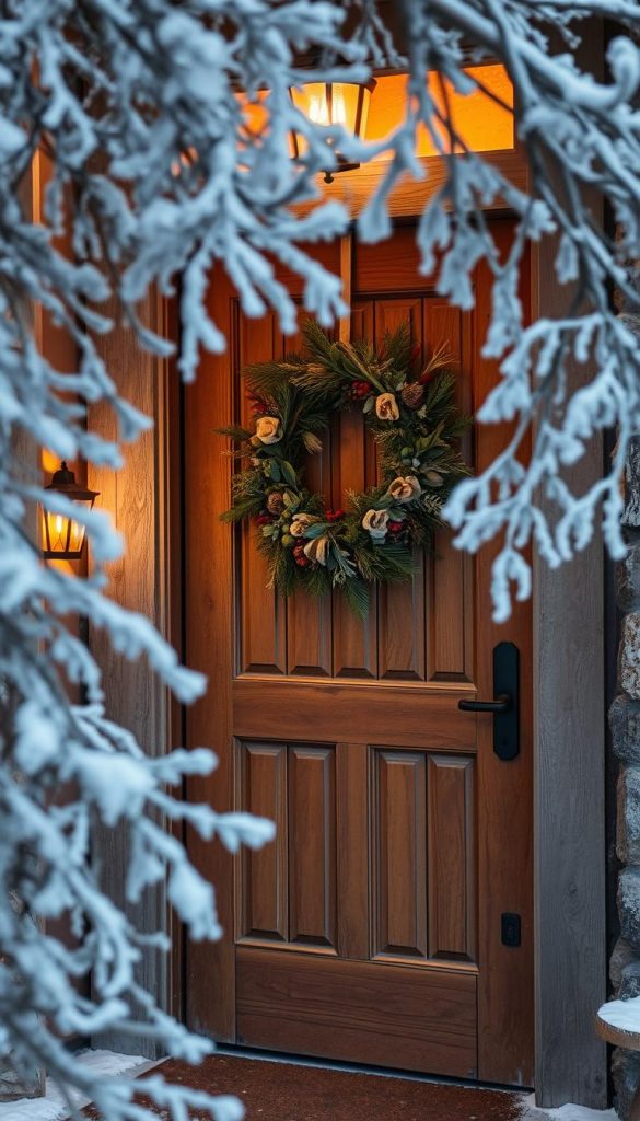 Weathered and rustic entrance area with natural elements, warm lighting, and a cozy winter ambiance. A KlickKiste wreath of pine, eucalyptus, and dried flowers adorns the wooden door, casting a soft glow. Frost-covered branches frame the scene, hinting at the crisp, cold air outside. Muted earthy tones and textures create a welcoming, homely atmosphere, perfect for withstanding the elements. Angled camera perspective captures the inviting entry, showcasing its resilience and charm in the face of winter's chill.