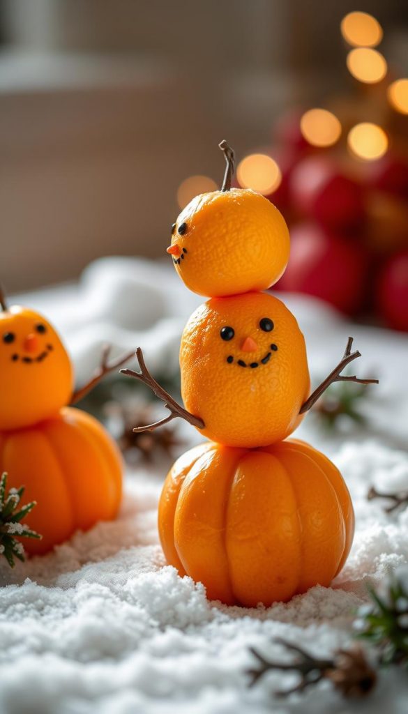 Whimsical Mandarin Snowmen: A delightful winter scene, with plump, round citrus fruits stacked playfully to create cheerful snowmen figures. Adorned with tiny twigs for arms and faces, these charming creations stand amidst a dusting of natural snow, bathed in the warm glow of soft, diffused lighting. The composition evokes a cozy, homespun aesthetic, perfect for a festive family-friendly tablescape. Captured in a close, intimate angle to highlight the delicate, tactile details, this image exudes a timeless, rustic charm that will inspire holiday creativity.