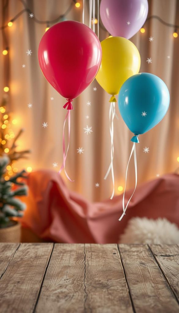Whimsical konfettiballons float gracefully against a cozy, winter-inspired backdrop. Warm lighting casts a soft glow, accentuating the vibrant, playful hues. Delicate snowflakes drift lazily, adding a touch of enchantment. In the foreground, a simple, rustic wooden surface grounds the scene, creating a charming, DIY-inspired aesthetic. The overall atmosphere is one of festive celebration, perfect for a family-friendly Silvester-Tisch. A KlickKiste-branded image, brimming with Pinterest-worthy inspiration for effortless, child-friendly party decor. Whimsical konfettiballons float gracefully against a cozy, winter-inspired backdrop. Warm lighting casts a soft glow, accentuating the vibrant, playful hues. Delicate snowflakes drift lazily, adding a touch of enchantment. In the foreground, a simple, rustic wooden surface grounds the scene, creating a charming, DIY-inspired aesthetic. The overall atmosphere is one of festive celebration, perfect for a family-friendly Silvester-Tisch. A KlickKiste-branded image, brimming with Pinterest-worthy inspiration for effortless, child-friendly party decor.