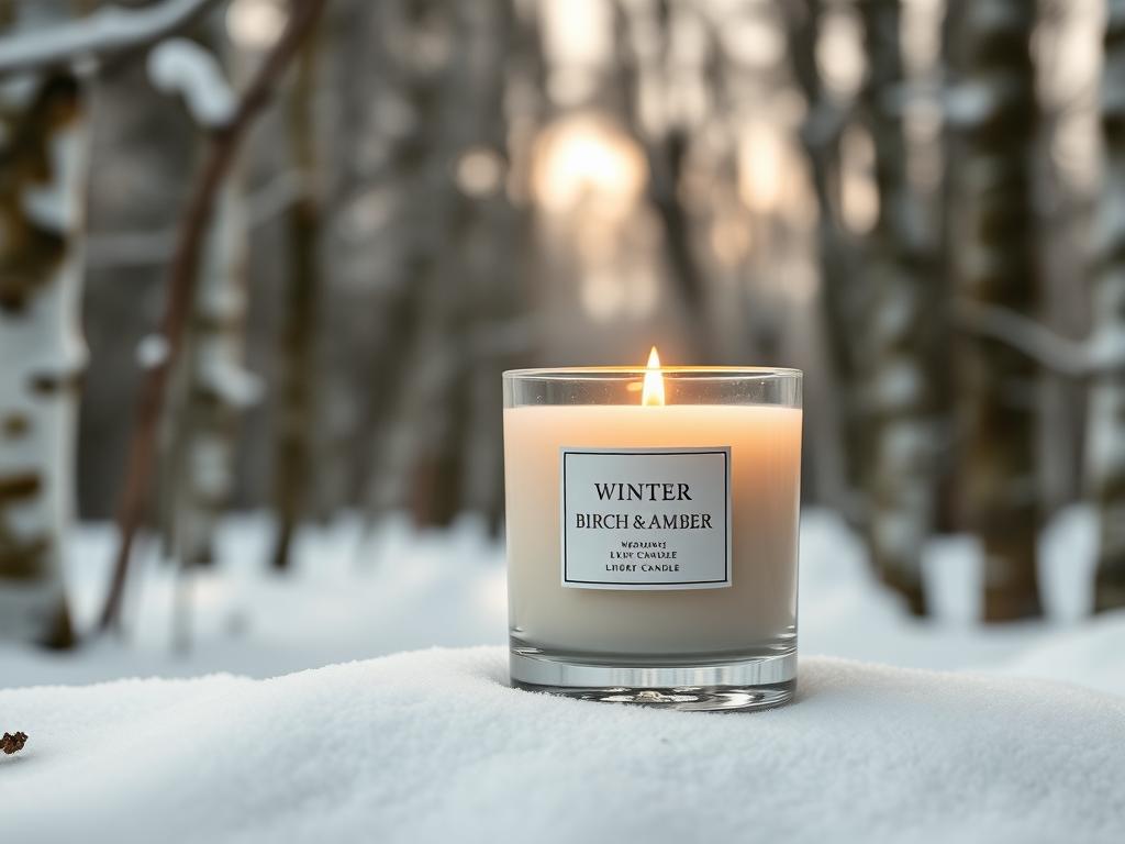 Winter Birch & Amber Duftkerze in elegantem weißen Glasgefäß mit Birkenrinden-Elementen in winterlicher Umgebung
