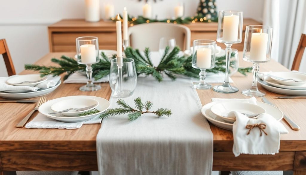 Winterlich dekorierter Esstisch mit Kerzen, Tannenzweigen und Tischläufer
